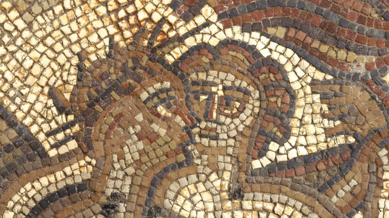 Detail showing Bacchus and Ariadne in the mosaic in the Dining Room at Chedworth Roman Villa, Gloucestershire